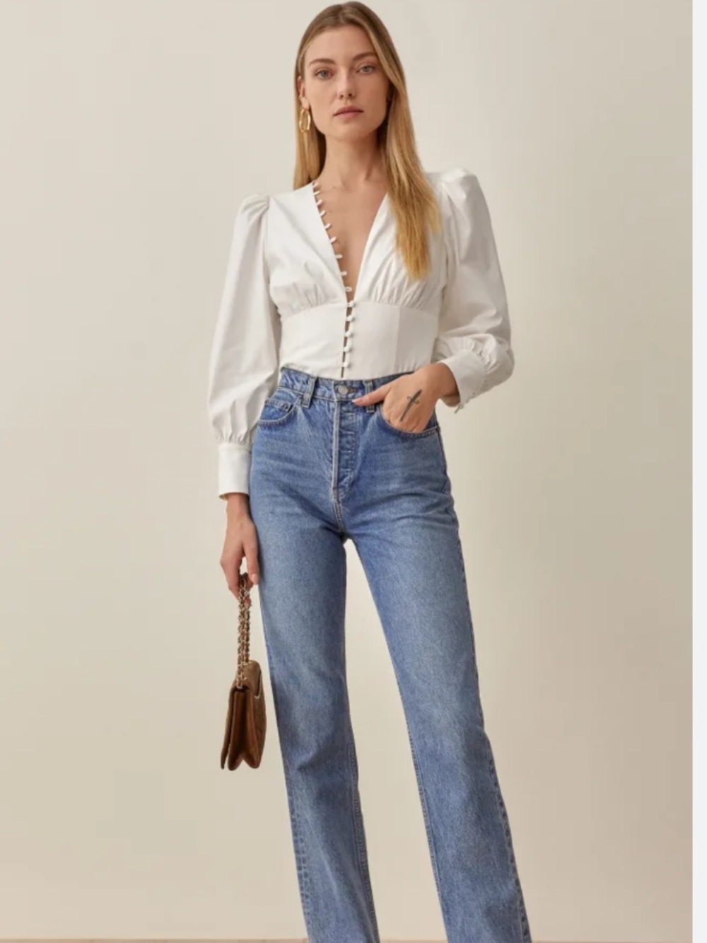 Reformation white vneck button front milk maid cotton shirt blouse top 6 S